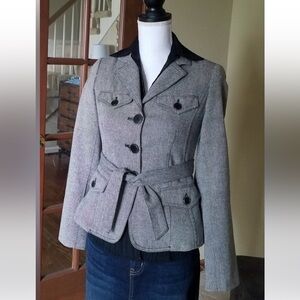 MANGO Gray Fitted Military Belted Suit Jacket with Black Buttons from Spain